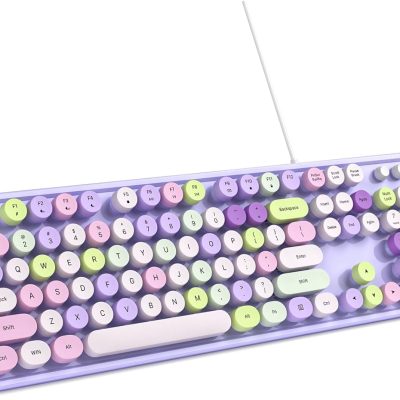 Computer Keyboard Wired, Plug and Play USB Retro Round Typewriter Keyboard, Full Size Wired Keyboard with Foldable Stands for Laptop and Office PC- Purple Colorful