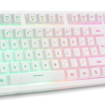 White Gaming Keyboard USB Wired with Rainbow LED Backlit, Floating Keys, Mechanical Feeling, Spill Resistant, Ergonomic for Xbox, PS Series, Desktop, Computer, PC