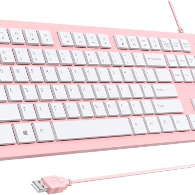 Computer Keyboard Wired, Plug Play USB Keyboard, Low Profile  Keys, Large Number Pad, Caps Indicators, Foldable Stands, Spill-Resistant, Anti-Wear Letters for PC Laptop (Pink, 1-Pack)