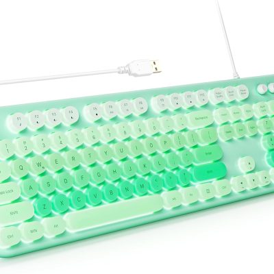 Backlit Keyboard Wired, Retro Typewriter Keyboard with Illuminated LED, Cute Full Size Computer Keyboards Plug and Play for PC Laptop Desktop - Light Green