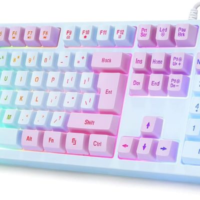 Gaming Keyboard USB Wired with Rainbow LED Backlit, Floating Keys, Mechanical Feeling, Spill Resistant, Ergonomic for Xbox, PS Series, Desktop, Computer, PC, Blue Purple