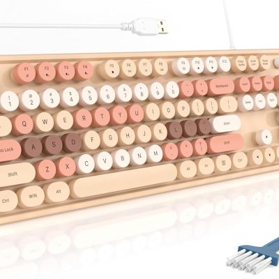 Wired Keyboard, Full Size USB Keyboard Plug Play, Colorful Retro Round Typewriter Keyboard with Foldable Stands for Windows PC Laptop (Milk Tea Colorful)
