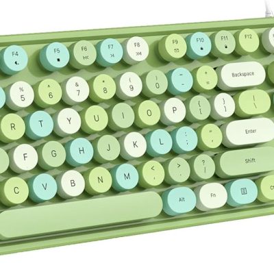 Computer Keyboard Wired, USB Plug Play Round Key Retro Typewriter Keyboard, Office Full Size Keyboard with Foldable Stands for Laptop PC Windows- Green Colorful