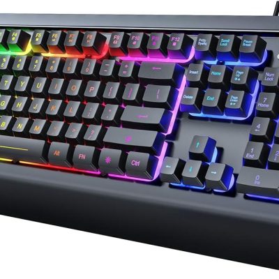 Gaming Keyboard, 104 Keys All-Metal Panel, Rainbow LED Backlit Silent Computer Keyboard, Wrist Rest, Multimedia Keys, Anti-Ghosting, Waterproof Light Up Wired Keyboard for PC Mac Gamer