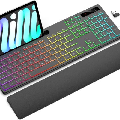 Wireless Keyboard with 7 Colors & 4 Modes RGB Backlit, Ergonomic Keyboard with Wrist Rest, Phone Tablet Holder, 2.4G Light Up Computer Keyboard with Numeric Keypad for Mac, Windows