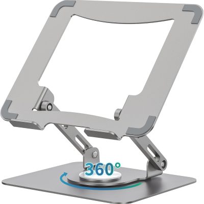 Laptop Stand with 360° Rotating Base, Ergonomic Computer Riser for Desk, Adjutable Height Muti-Angle, Foldable Laptop Mount, Stable Metal Holder Support 10-15.6" Notebook PC, Silver Grey