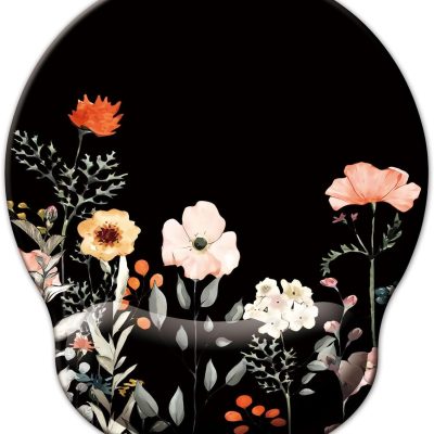 Mouse Pad with Wrist Support, Ergonomic Mouse Pad with Memory Foam Wrist Rest Cushion, Non-Slip Rubber Base Gaming Mice Pad for Home Office Computer Laptop, Flower Black