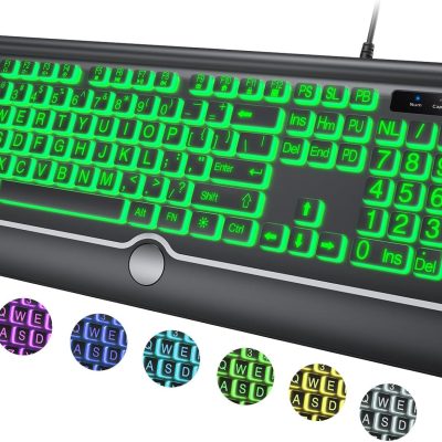 Large Print Backlit Computer Keyboard, 7-Color Backlit Keyboard with Wrist Rest, USB Plug-and-Play, Oversize Letters Keys Easy to See and Type, Wired Light Up Keyboards for Laptop, PC, Gaming