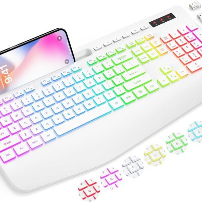Wireless Keyboard with 9 Backlit Effects, Wrist Rest, Phone Holder, 2.4G Lag-Free Ergonomic Keyboards, Rechargeable Silent Cordless, for Computer, Laptop, Mac, Windows, Office, School, White