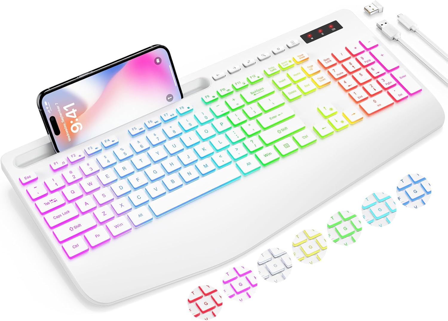 Wireless Keyboard with 9 Backlit Effects, Wrist Rest, Phone Holder, 2.4G Lag-Free Ergonomic Keyboards, Rechargeable Silent Cordless, for Computer, Laptop, Mac, Windows, Office, School, White