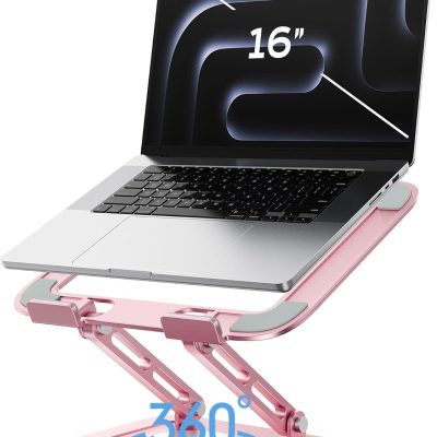 Adjustable Laptop Stand, Computer Stand with 360 Rotating Base, Ergonomic Laptop Riser Mount for Desk Foldable Protable Computer Desk Fits with MacBook Pro Air (10-16") - Pink