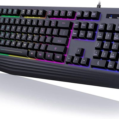 Gaming Keyboard, 7-Color Rainbow LED Backlit, 104 Keys Quiet Light Up Keyboard, Wrist Rest, Whisper Silent, Anti-ghosting Multimedia Keys, Waterproof USB Wired Keyboard for PC Mac Xbox