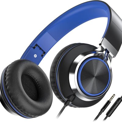 C8 Headphones Wired, On-Ear Headphones with Microphone and Volume Control Foldable Corded Stereo 3.5mm Headset for Smartphones Chromebook Laptop Computer PC Tablets Travel(Black/Blue)