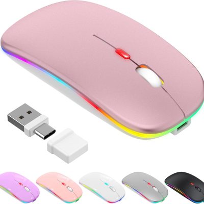 LED Bluetooth Wireless Mouse for MacBook Air Mac Pro Laptop iPad –Rechargeable Silent Light-Up Optical Mouse with Jiggler Dual Mode BT5.2 & USB-A/USB-C for Students, Kids, Girls, Boys – Rose Gold