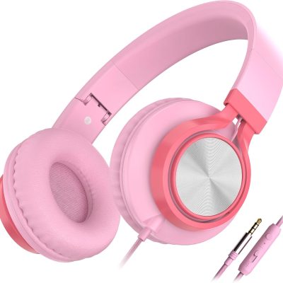 C8 Girls Headphones, On-Ear Headphones Wired with Microphone and Volume Control Foldable Corded Stereo 3.5mm Headset for Girls School Chromebook Laptop Computer PC Tablets Travel (Pink)